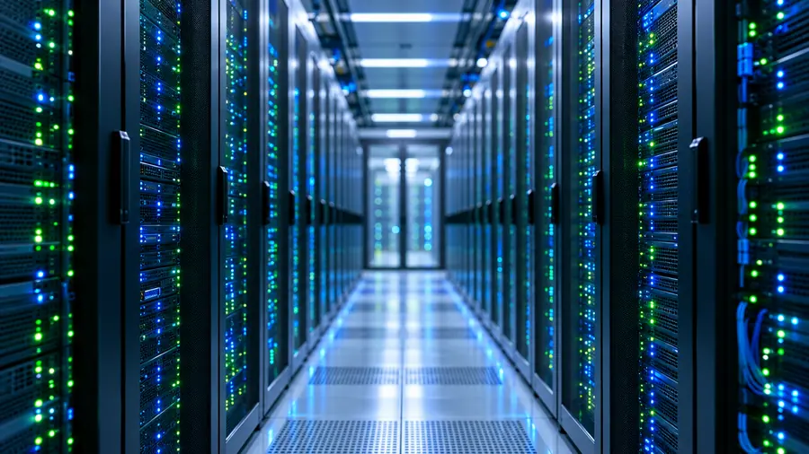 Data centre corridor with lit server racks