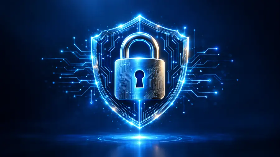 Glowing padlock and shield formed from light and circuit lines